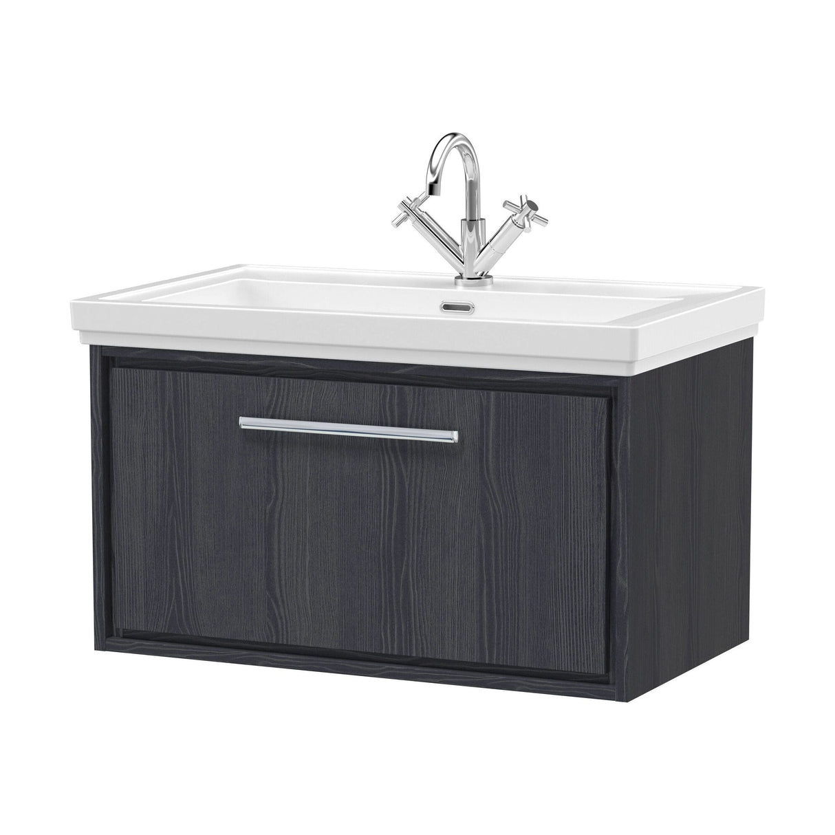 [BFIF2225A] Longnor 1 Drawer Wall Hung Vanity Unit with 1 Tap Hole Traditional Fireclay Basin, Woodgrain Graphite Grey, 800mm - Cutout