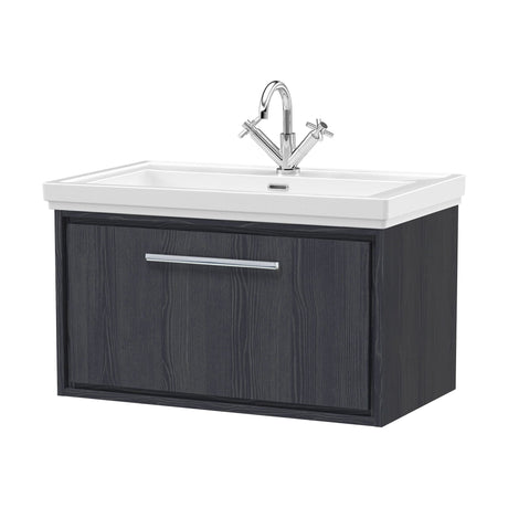 [BFIF2225A] Longnor 1 Drawer Wall Hung Vanity Unit with 1 Tap Hole Traditional Fireclay Basin, Woodgrain Graphite Grey, 800mm - Cutout