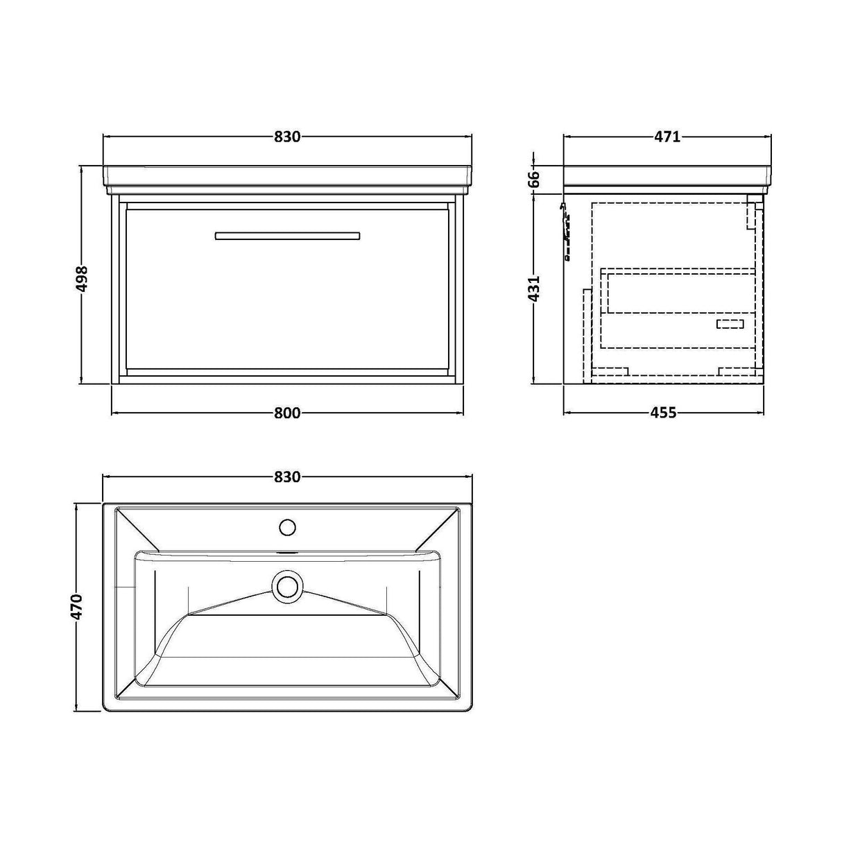 [BFIF2225A] Longnor 1 Drawer Wall Hung Vanity Unit with 1 Tap Hole Traditional Fireclay Basin, Woodgrain Graphite Grey, 800mm - Technical Drawing