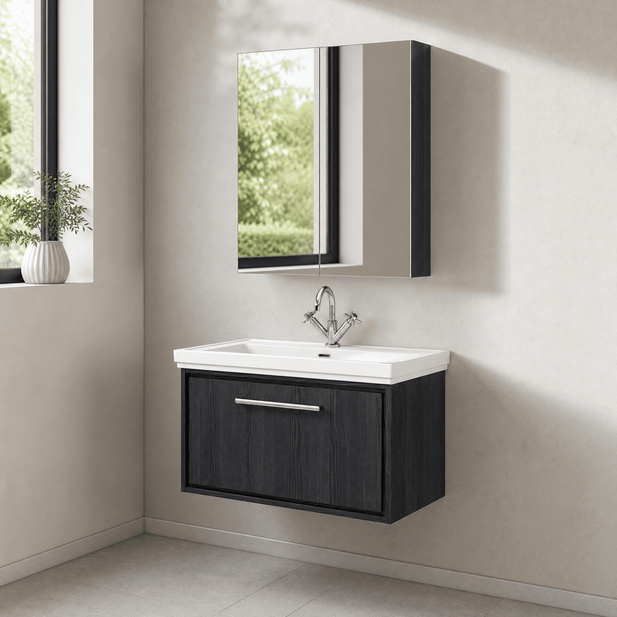 [BFIF2225A] Longnor 1 Drawer Wall Hung Vanity Unit with Traditional Fireclay Basin - Choice of Size and Colour