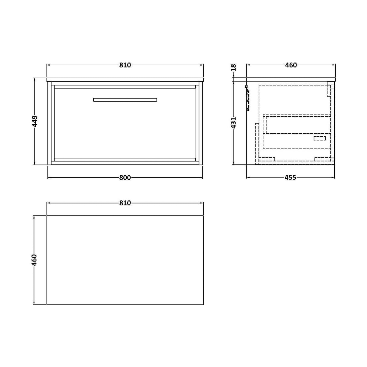 [BFIF2225CMT] Longnor 1 Drawer Wall Hung Vanity Unit with Carrera Marble Worktop, Woodgrain Graphite Grey, 800mm - Technical Drawing