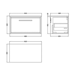 [BFIF2225CMT] Longnor 1 Drawer Wall Hung Vanity Unit with Carrera Marble Worktop, Woodgrain Graphite Grey, 800mm - Technical Drawing