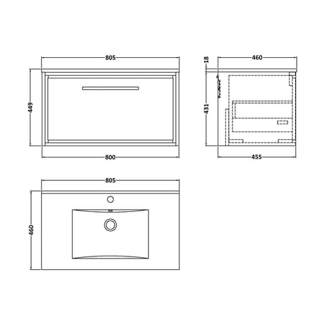 [BFIF2225C] Longnor 1 Drawer Wall Hung Vanity Unit with 1 Tap Hole Minimalist Basin, Woodgrain Graphite Grey, 800mm - Technical Drawing