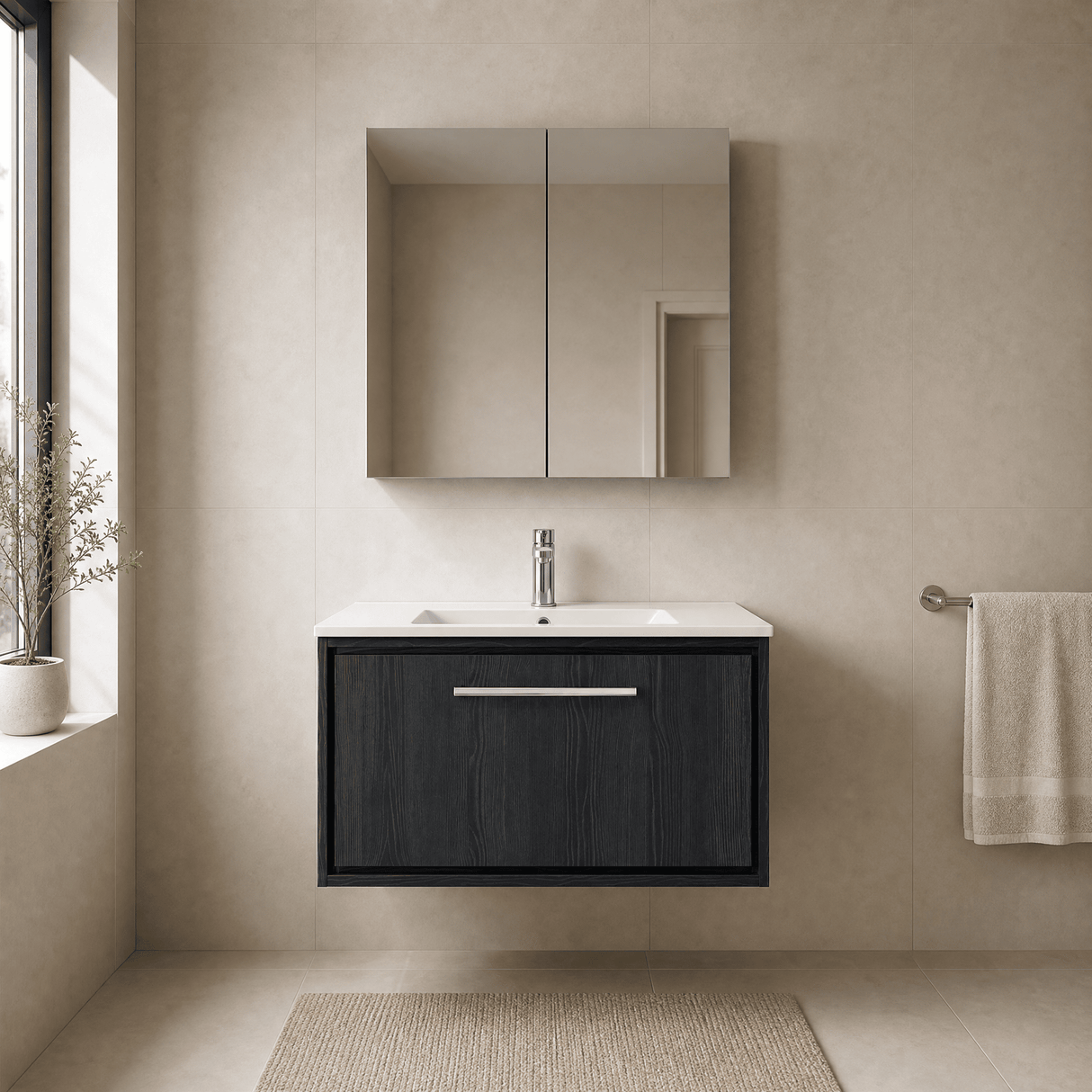 [BFIF2225C] Longnor 1 Drawer Wall Hung Vanity Unit with Minimalist Basin - Choice of Size and Colour