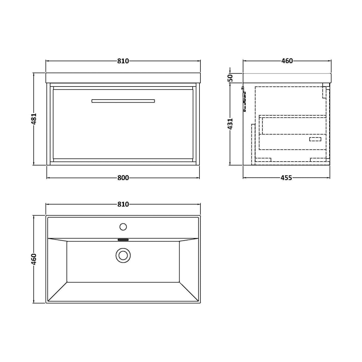 [BFIF2225E] Longnor 1 Drawer Wall Hung Vanity Unit with 1 Tap Hole Thin Edge Basin, Woodgrain Graphite Grey, 800mm - Technical Drawing
