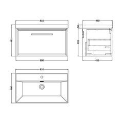 [BFIF2225E] Longnor 1 Drawer Wall Hung Vanity Unit with 1 Tap Hole Thin Edge Basin, Woodgrain Graphite Grey, 800mm - Technical Drawing