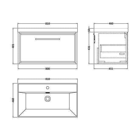[BFIF2225E] Longnor 1 Drawer Wall Hung Vanity Unit with 1 Tap Hole Thin Edge Basin, Woodgrain Graphite Grey, 800mm - Technical Drawing