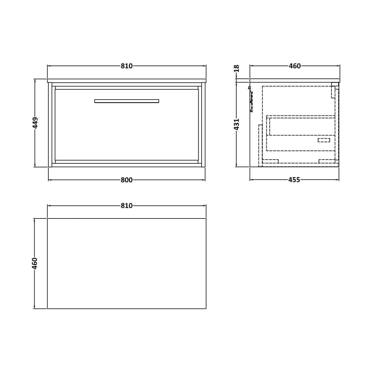 [BFIF2225GMT] Longnor 1 Drawer Wall Hung Vanity Unit with Grey Marble Worktop, Woodgrain Graphite Grey, 800mm - Technical Drawing