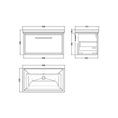 [BFIF2225H] Longnor 1 Drawer Wall Hung Vanity Unit with No Tap Hole Traditional Fireclay Basin - Choice of Size and Colour - Technical Drawing