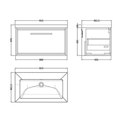 [BFIF2225K] Longnor 1 Drawer Wall Hung Vanity Unit with No Tap Hole Modern Fireclay Basin - Choice of Size and Colour - Technical Drawing