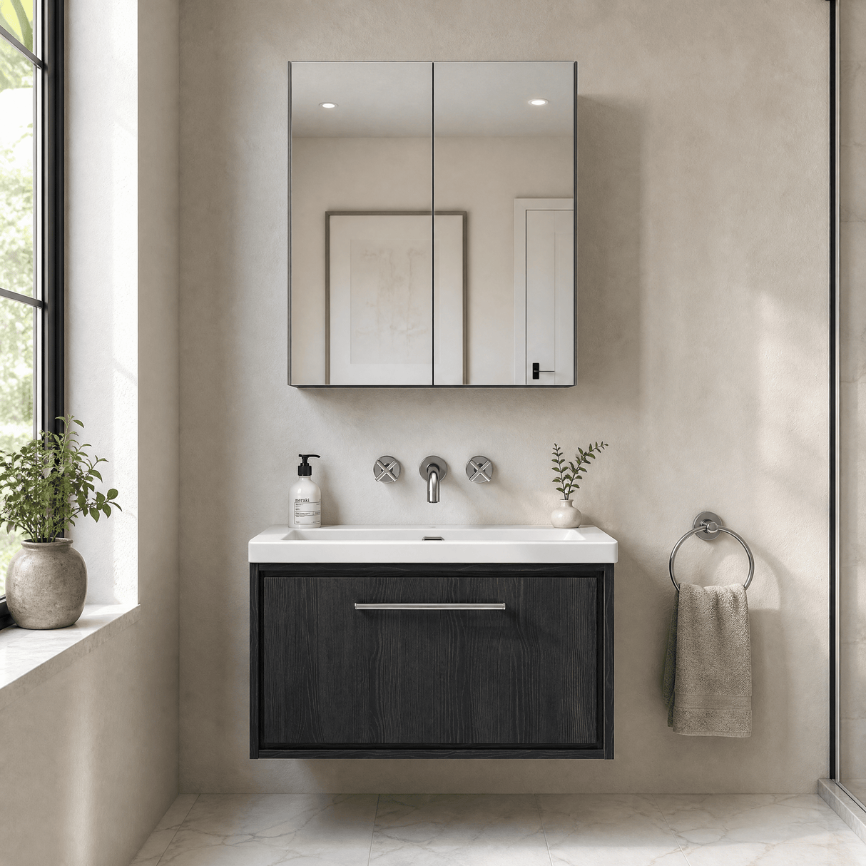 [BFIF2225K] Longnor 1 Drawer Wall Hung Vanity Unit with No Tap Hole Modern Fireclay Basin - Choice of Size and Colour - Silo