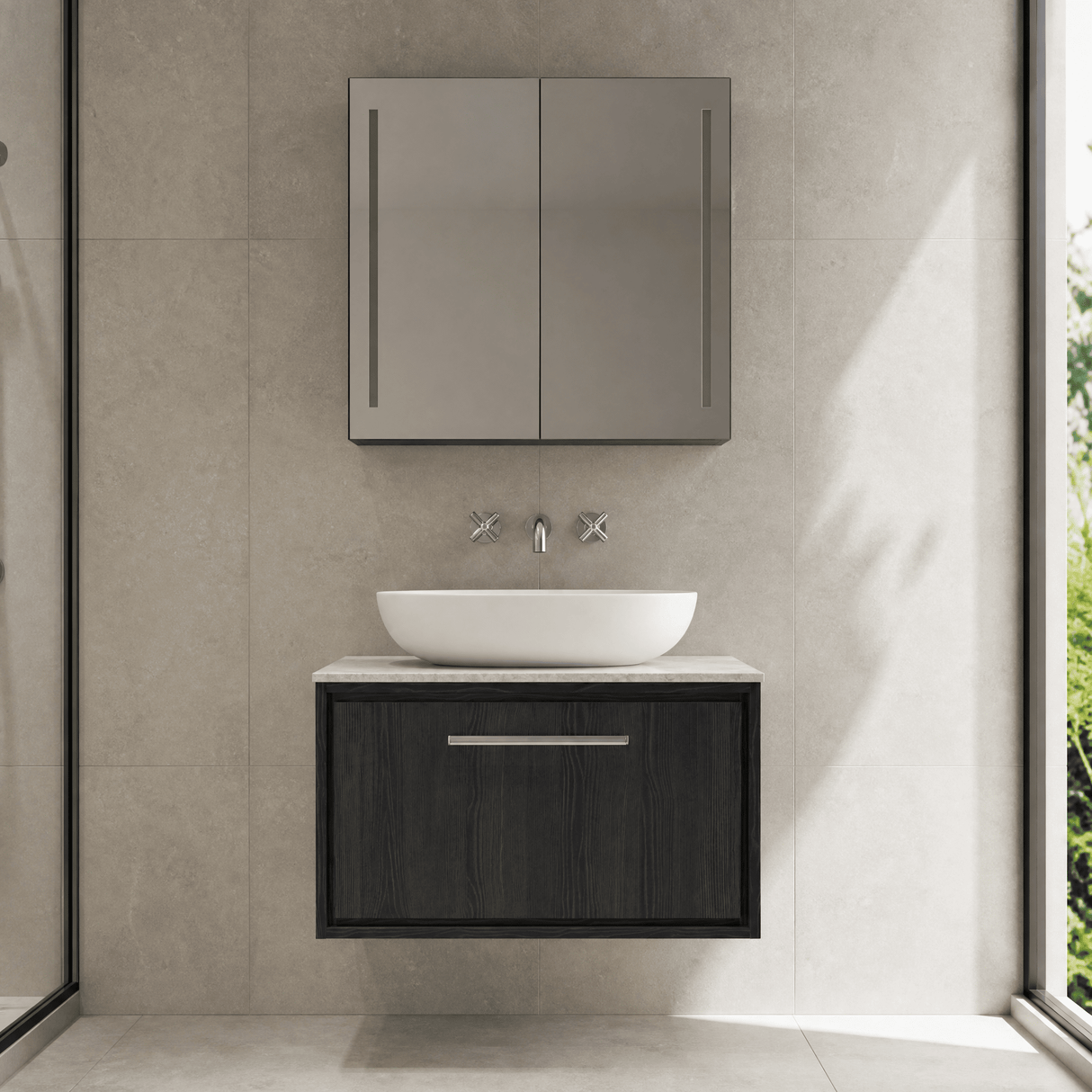 [BFIF2225WMT] Longnor 1 Drawer Wall Hung Vanity Unit with White Marble Worktop - Choice of Size and Colour