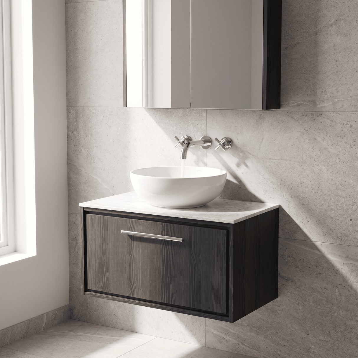 [BFIF2225WMT] Longnor 1 Drawer Wall Hung Vanity Unit with White Marble Worktop - Choice of Size and Colour