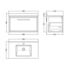 [BFIF2225WS1] Longnor 1 Drawer Wall Hung Vanity Unit with Square Basin and Marble Worktop - Choice of Size and Colour - Technical Drawing