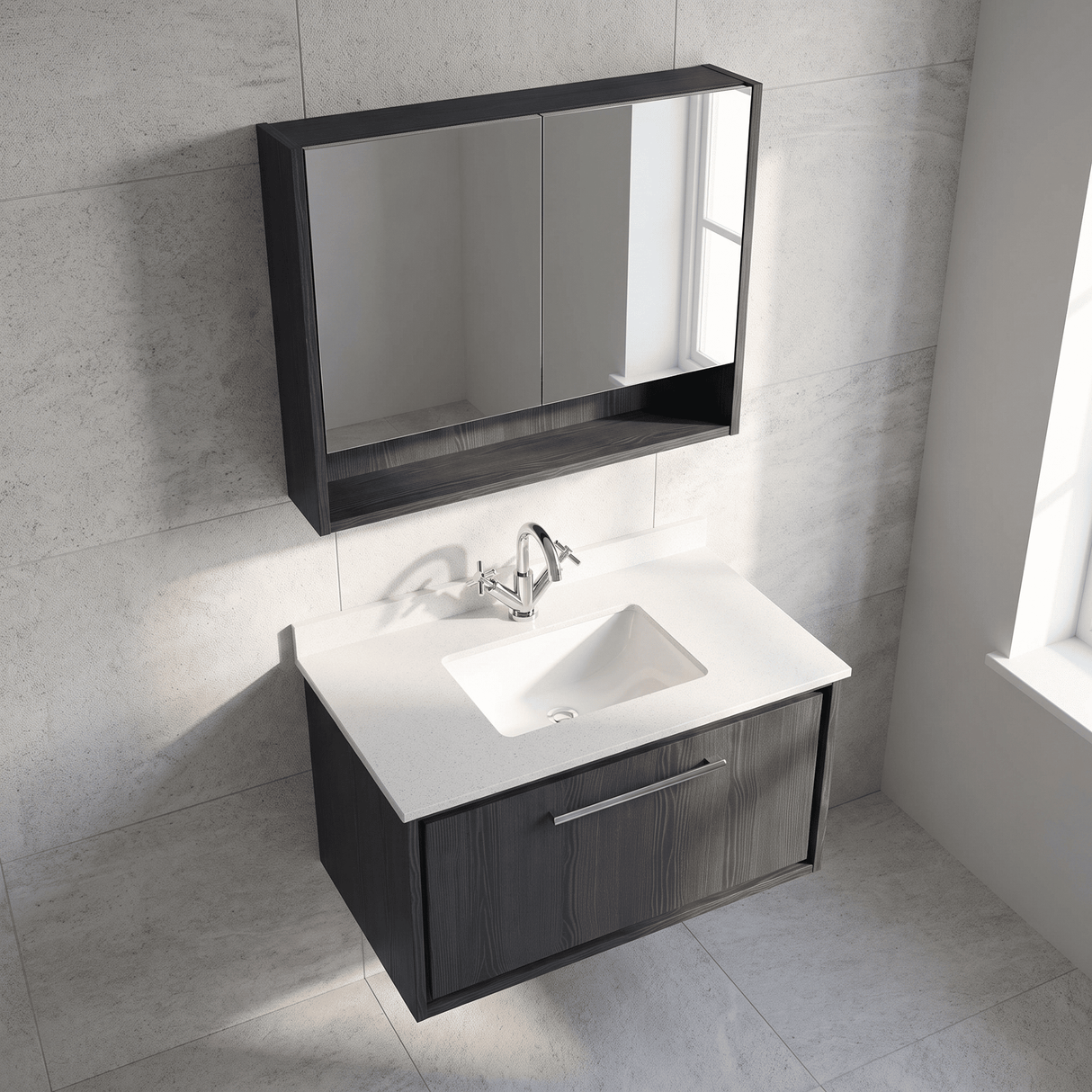 [BFIF2225WS1] Longnor 1 Drawer Wall Hung Vanity Unit with Square Basin and Marble Worktop - Choice of Size and Colour