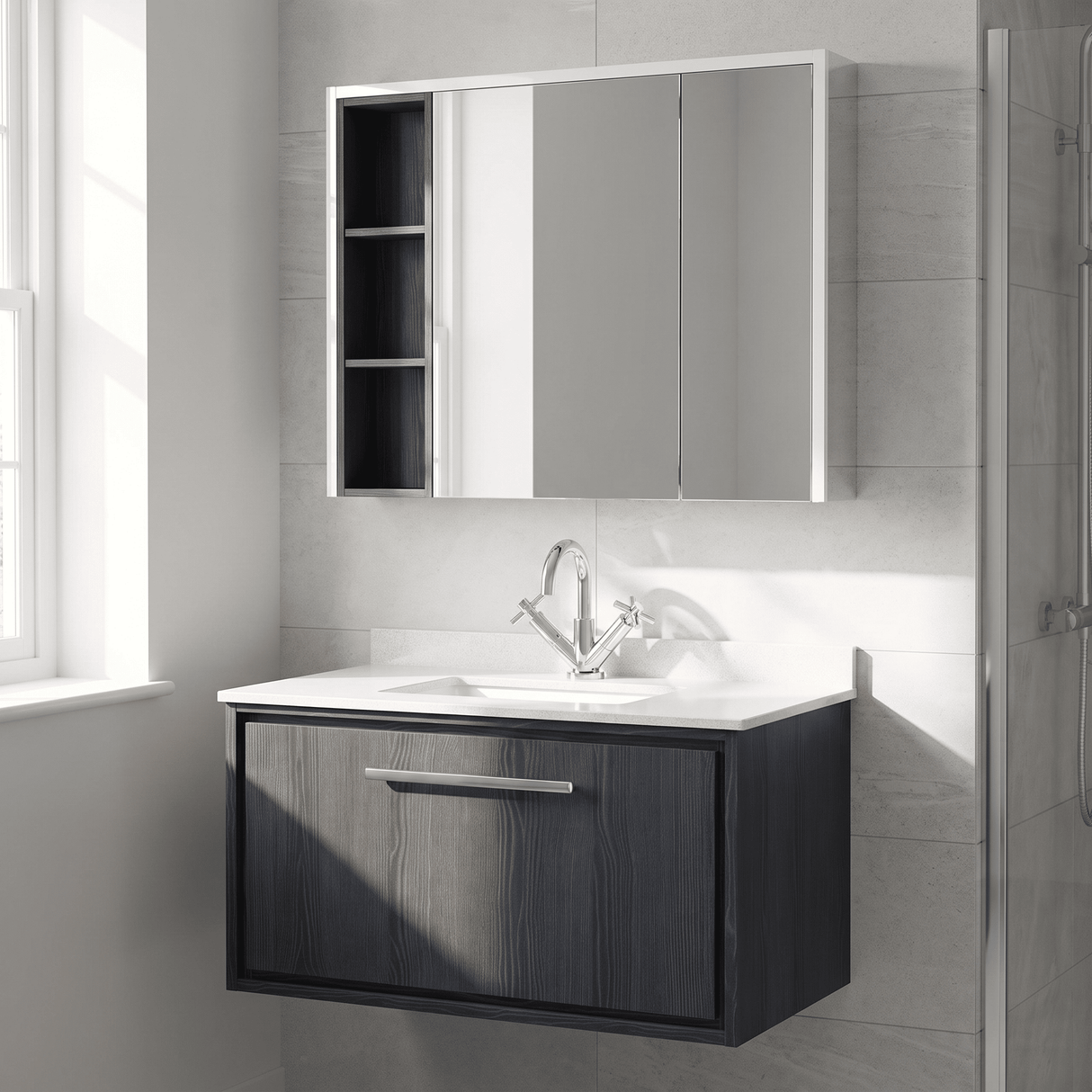 [BFIF2225WS1] Longnor 1 Drawer Wall Hung Vanity Unit with Square Basin and Marble Worktop - Choice of Size and Colour