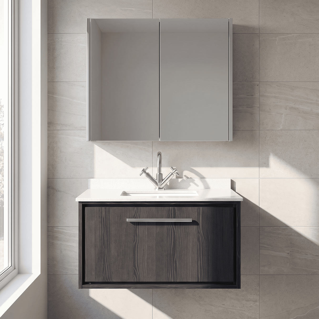 [BFIF2225WS1] Longnor 1 Drawer Wall Hung Vanity Unit with Square Basin and Marble Worktop - Choice of Size and Colour - Silo