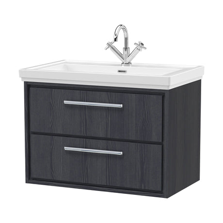 [BFIF2226A] Longnor 2 Drawer Wall Hung Vanity Unit with 1 Tap Hole Traditional Fireclay Basin, Woodgrain Graphite Grey, 800mm - Cutout