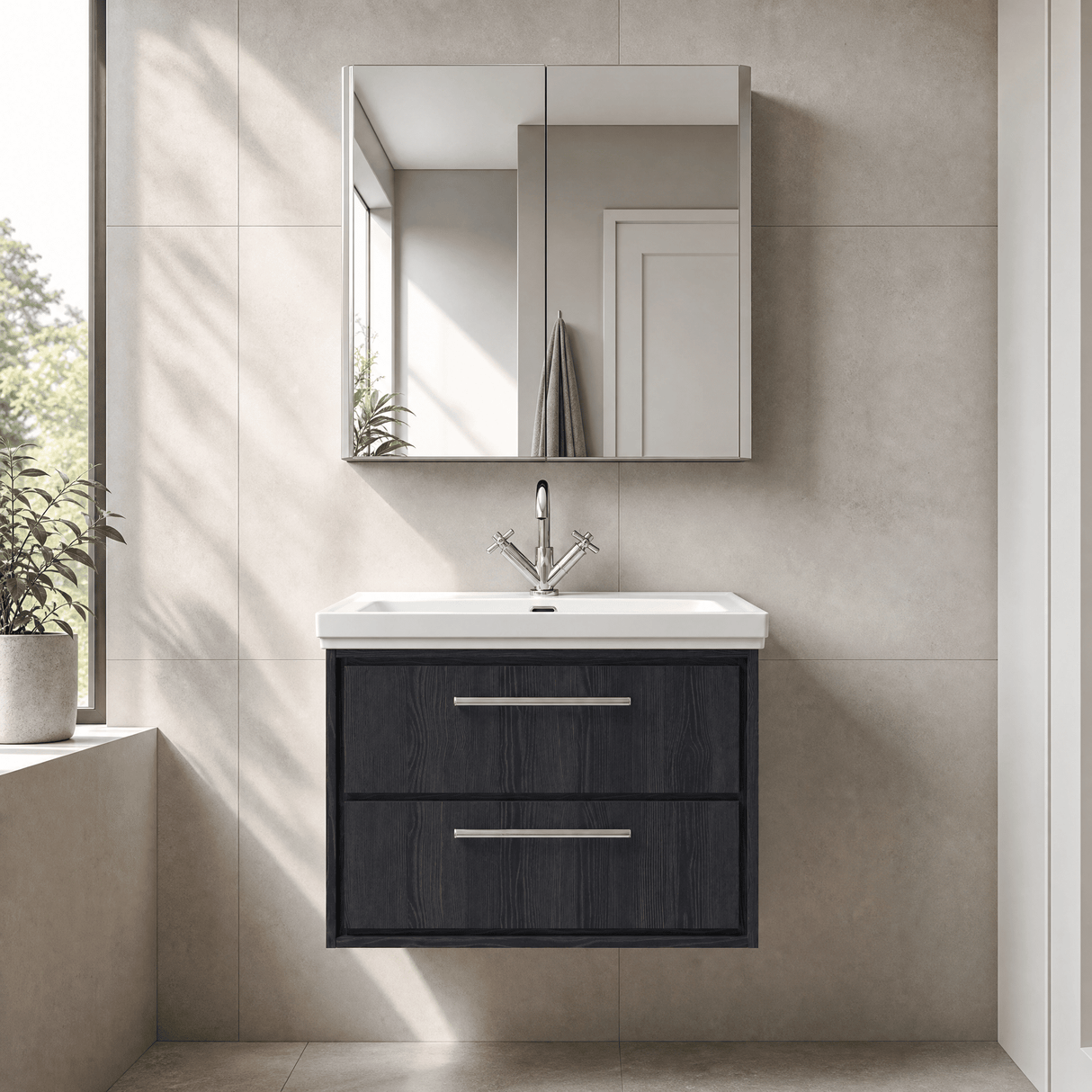 [BFIF2226A] Longnor 2 Drawer Wall Hung Vanity Unit with 1 Tap Hole Traditional Fireclay Basin, Choice of Size and Colour