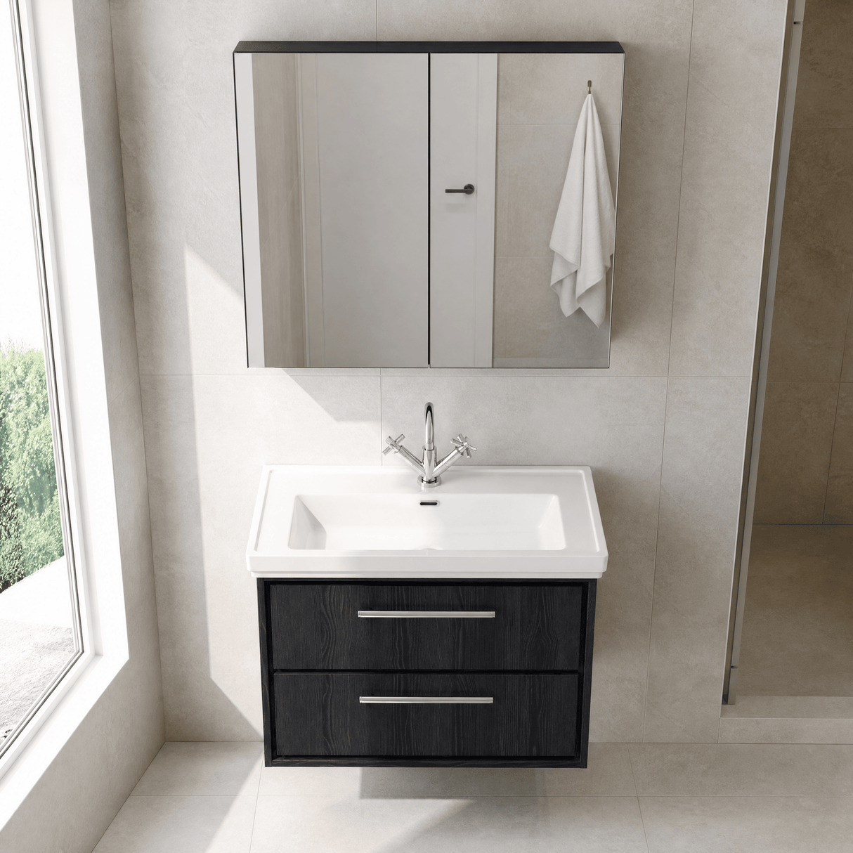 [BFIF2226A] Longnor 2 Drawer Wall Hung Vanity Unit with 1 Tap Hole Traditional Fireclay Basin, Choice of Size and Colour