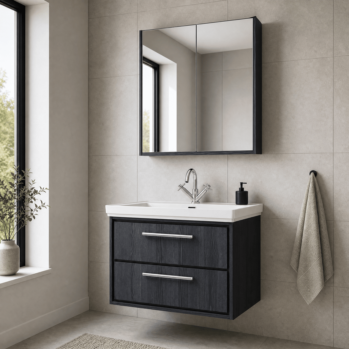 [BFIF2226A] Longnor 2 Drawer Wall Hung Vanity Unit with 1 Tap Hole Traditional Fireclay Basin, Choice of Size and Colour