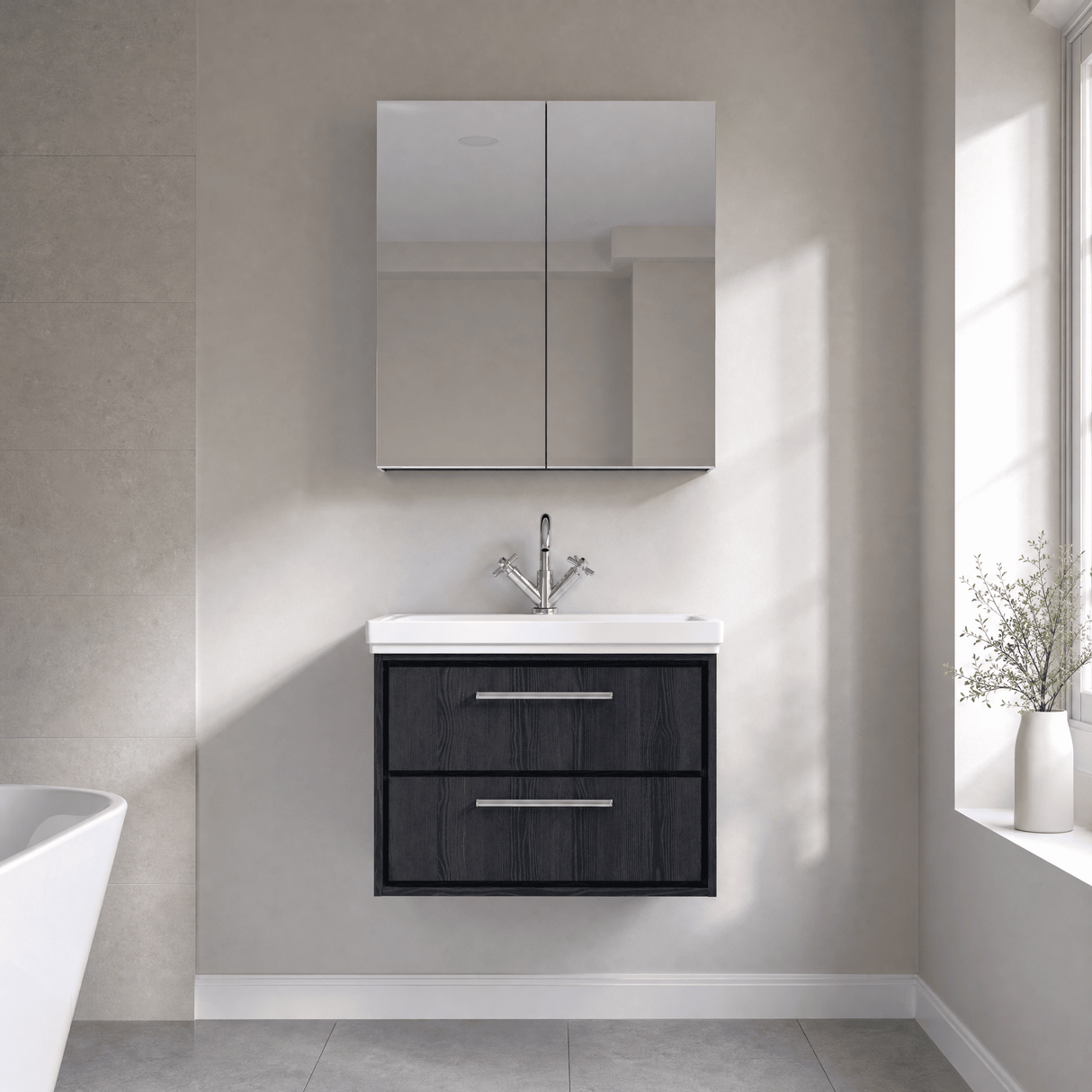 [BFIF2226A] Longnor 2 Drawer Wall Hung Vanity Unit with 1 Tap Hole Traditional Fireclay Basin, Choice of Size and Colour - Silo