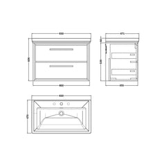 [BFIF2226B] Longnor 2 Drawer Wall Hung Vanity Unit with 3 Tap Hole Traditional Fireclay Basin - Choice of Size and Colour - Technical Drawing