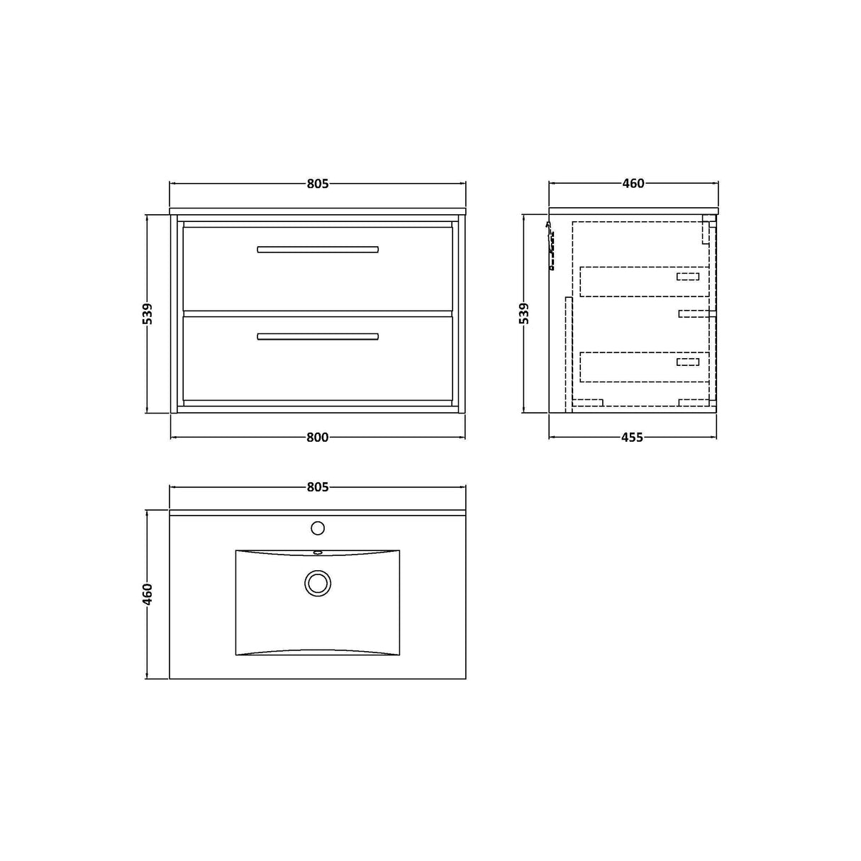 [BFIF2226C] Longnor 2 Drawer Wall Hung Vanity Unit with Minimalist Basin - Choice of Size and Colour - Technical Drawing