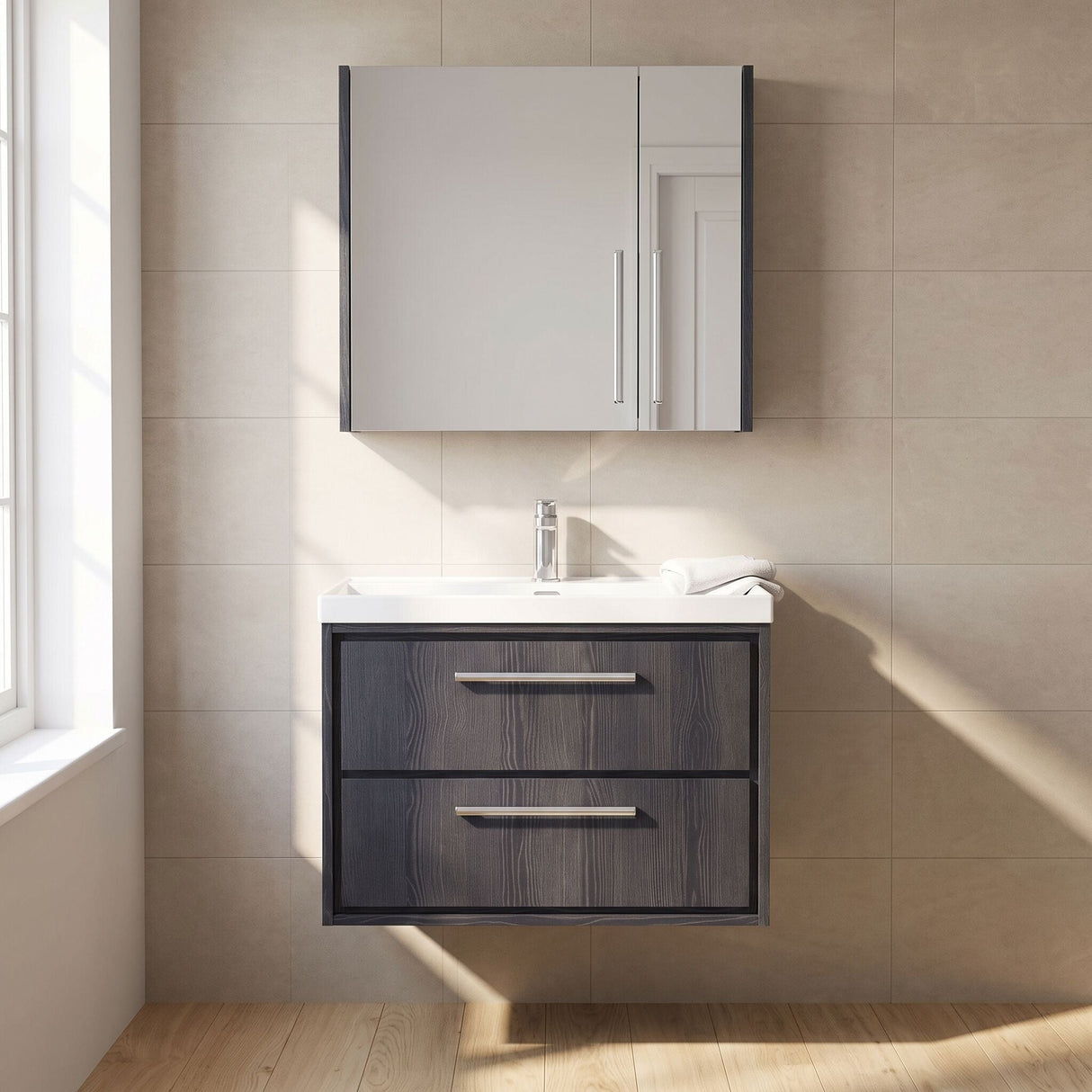[BFIF2226E] Contemporary Longnor 2 Drawer Wall Hung Vanity Unit with 1 Tap Hole Thin Edge Basin, Choice of Size and Colour