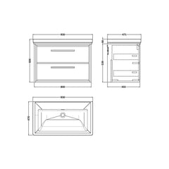 [BFIF2226H] Longnor 2 Drawer Wall Hung Vanity Unit with No Tap Hole Traditional Fireclay Basin - Choice of Size and Colour - Technical Drawing