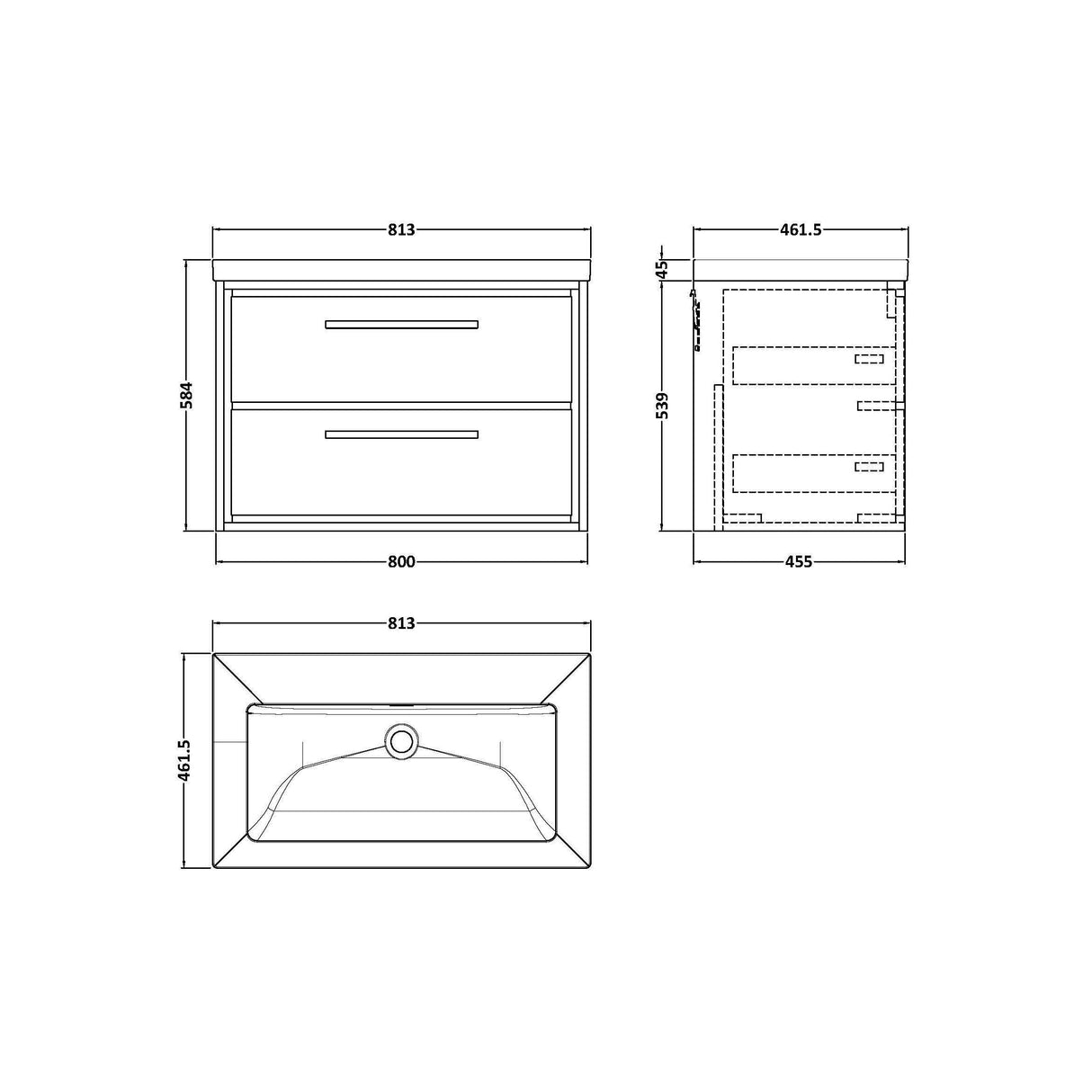 [BFIF2226K] Longnor 2 Drawer Wall Hung Vanity Unit with No Tap Hole Modern Fireclay Basin - Choice of Size and Colour - Technical Drawing