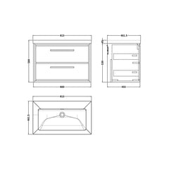 [BFIF2226K] Longnor 2 Drawer Wall Hung Vanity Unit with No Tap Hole Modern Fireclay Basin - Choice of Size and Colour - Technical Drawing