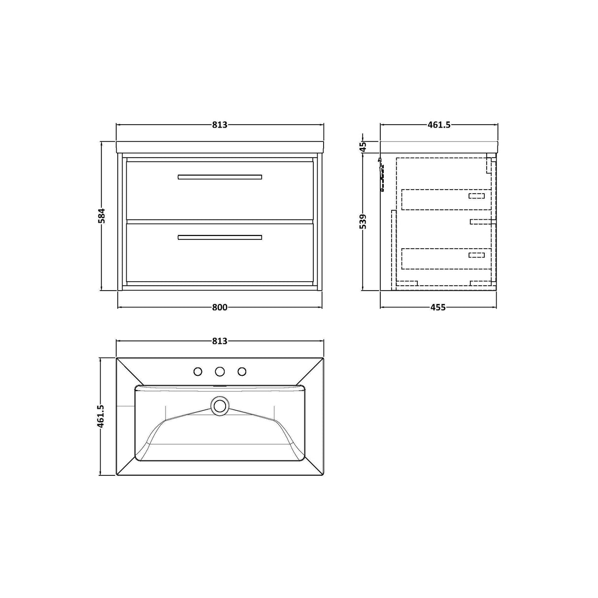 [BFIF2226M] Longnor 2 Drawer Wall Hung Vanity Unit with 3 Tap Hole Modern Fireclay Basin - Choice of Size and Colour - Technical Drawing