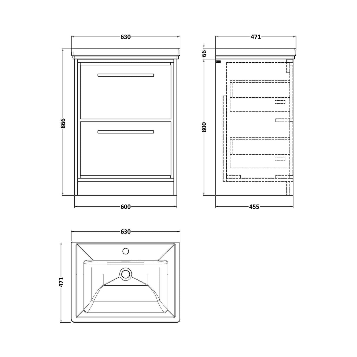 [BFIF2233A] Longnor 2 Drawer Floor Standing Vanity Unit with Traditional Fireclay Basin - Choice of Size and Colour - Technical Drawing