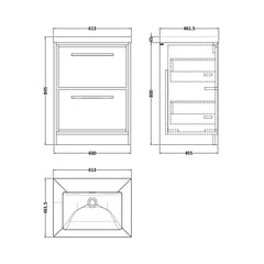 [BFIF2233K] Longnor 2 Drawer Floor Standing Vanity Unit with No Tap Hole Modern Fireclay Basin - Choice of Size and Colour - Technical Drawing