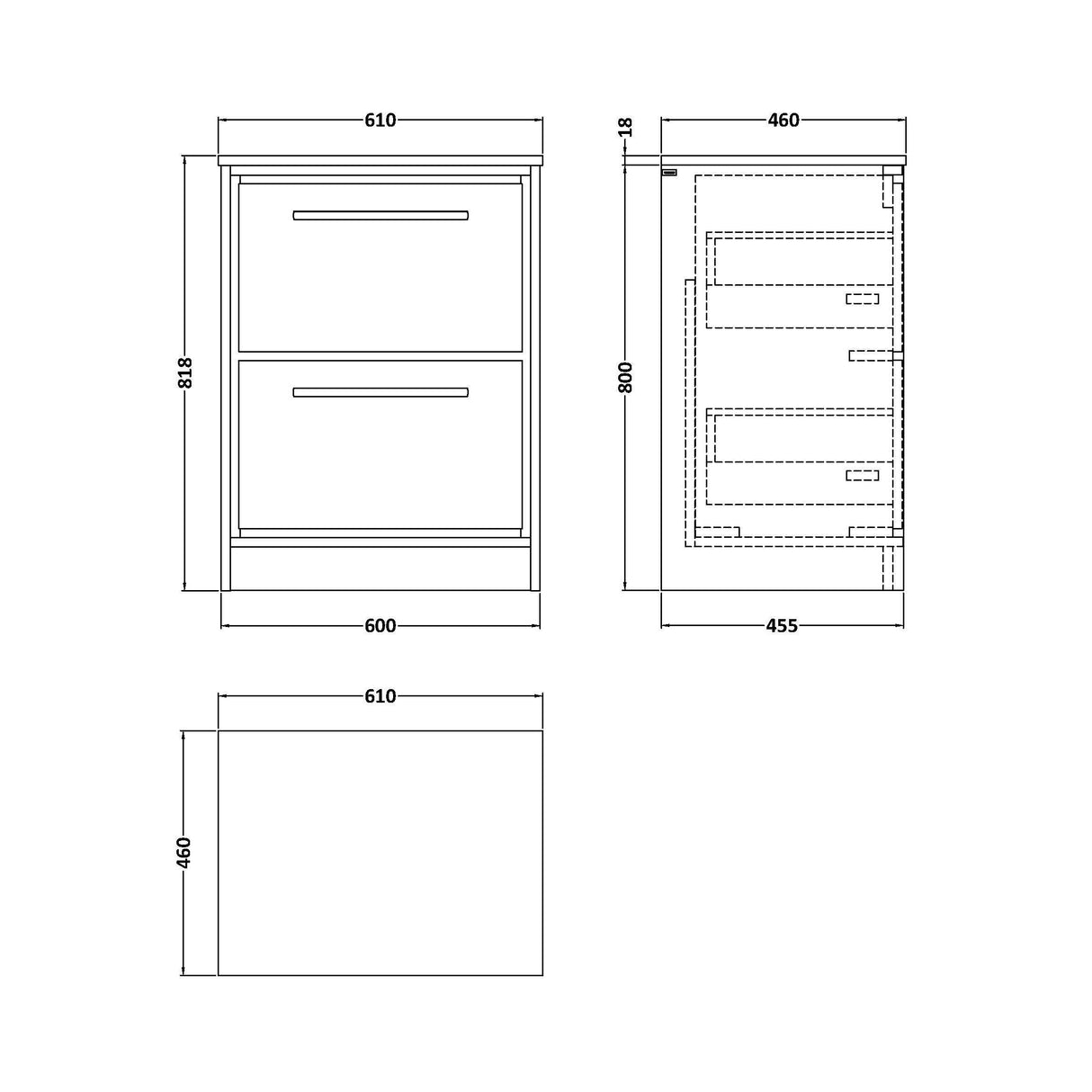 [BFIF2233WMT] Longnor 2 Drawer Floor Standing Vanity Unit with White Marble Worktop - Choice of Size and Colour - Technical Drawing
