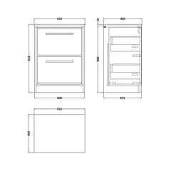 [BFIF2233WMT] Longnor 2 Drawer Floor Standing Vanity Unit with White Marble Worktop - Choice of Size and Colour - Technical Drawing