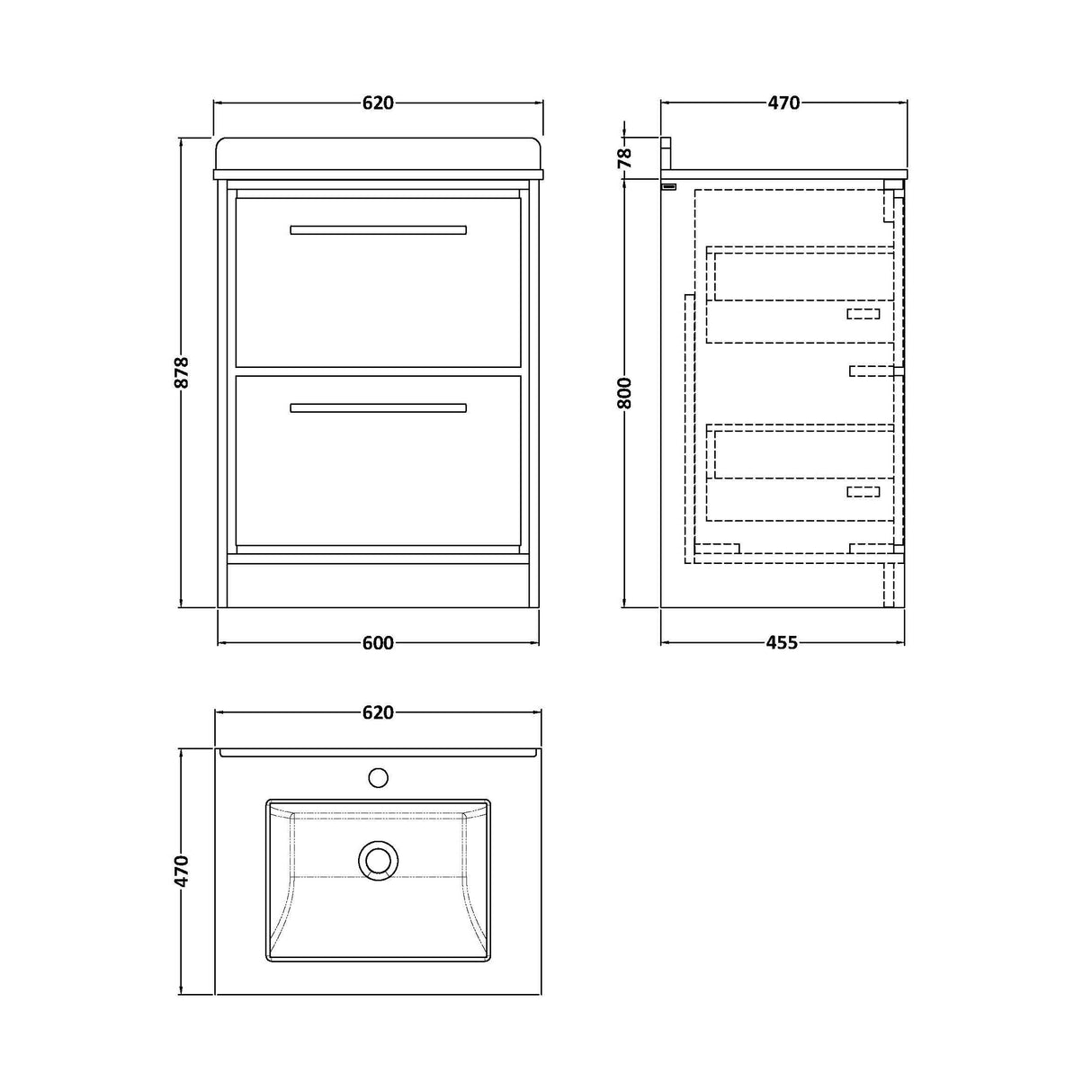 [BFIF2233WS1] Longnor 2 Drawer Floor Standing Vanity Unit with Square Basin and Marble Worktop - Choice of Size and Colour - Technical Drawing