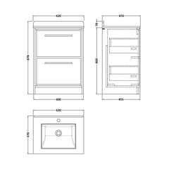 [BFIF2233WS1] Longnor 2 Drawer Floor Standing Vanity Unit with Square Basin and Marble Worktop - Choice of Size and Colour - Technical Drawing