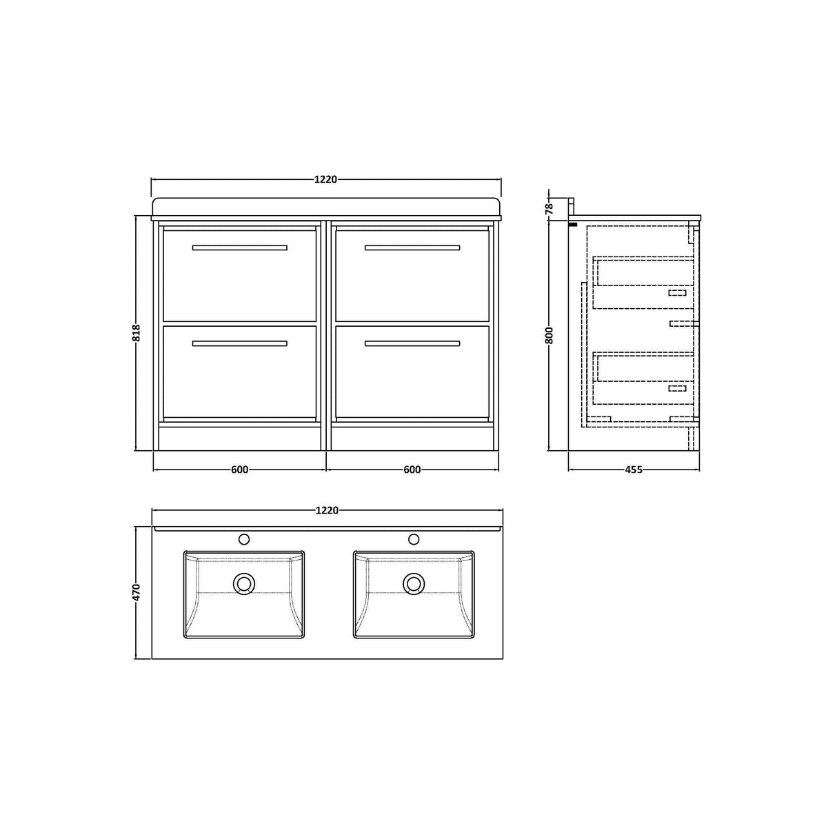 [BFIF2233WS2] Longnor 4 Drawer Floor Standing Vanity Unit with Square Basin and Marble Worktop - Choice of Colour - Technical Drawing