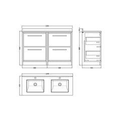 [BFIF2233WS2] Longnor 4 Drawer Floor Standing Vanity Unit with Square Basin and Marble Worktop - Choice of Colour - Technical Drawing