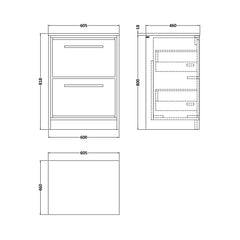 [BFIF2233W] Longnor 2 Drawer Floor Standing Vanity Unit with Worktop - Choice of Size and Colour - Technical Drawing