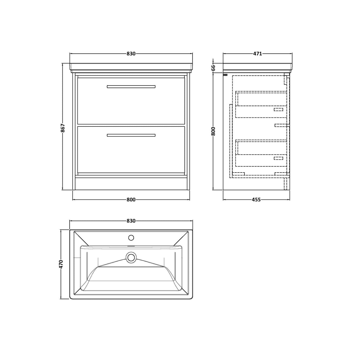 [BFIF2235A] Longnor 2 Drawer Floor Standing Vanity Unit with Traditional Fireclay Basin - Choice of Size and Colour - Technical Drawing