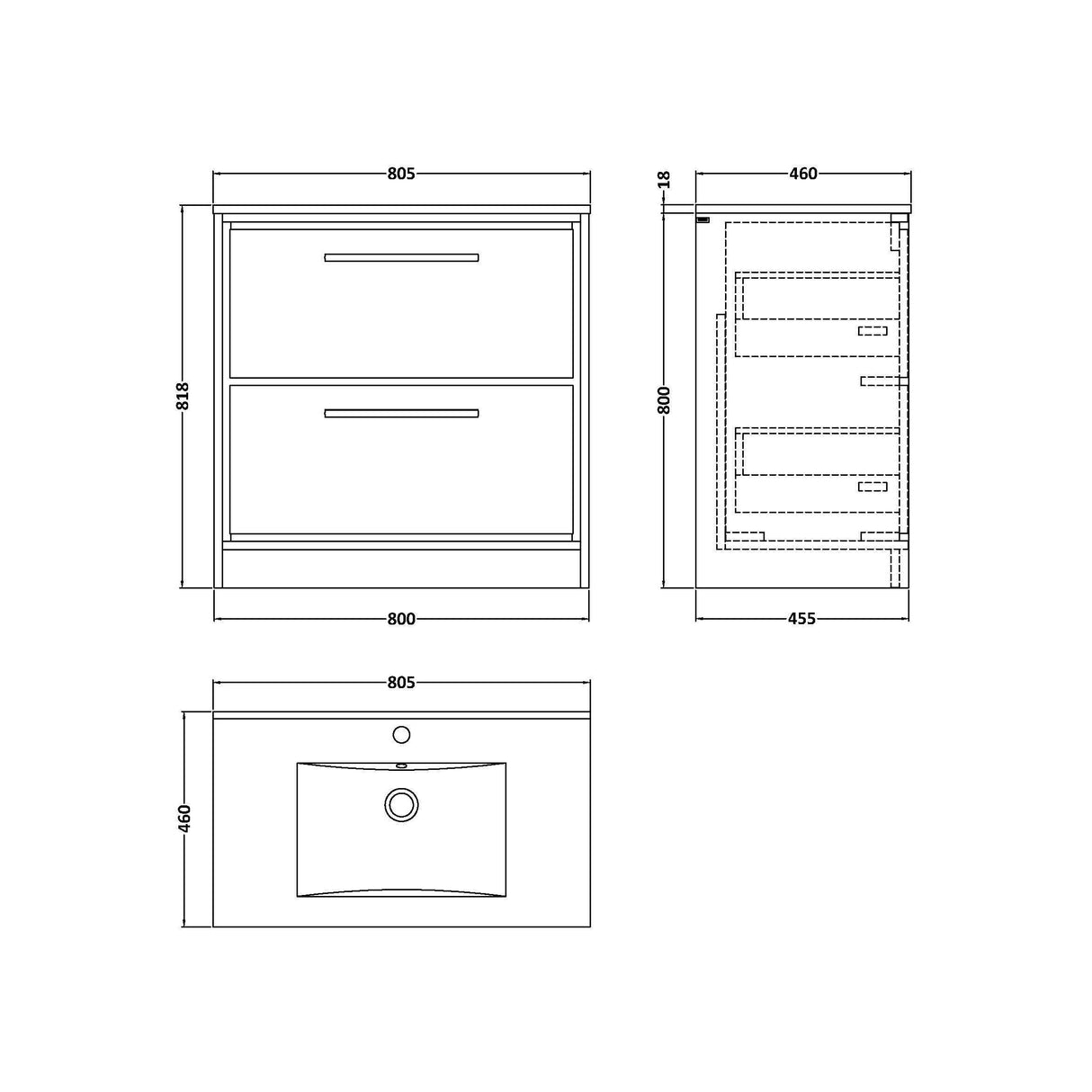 [BFIF2235C] Longnor 2 Drawer Floor Standing Vanity Unit with Minimalist Basin - Choice of Size and Colour - Technical Drawing