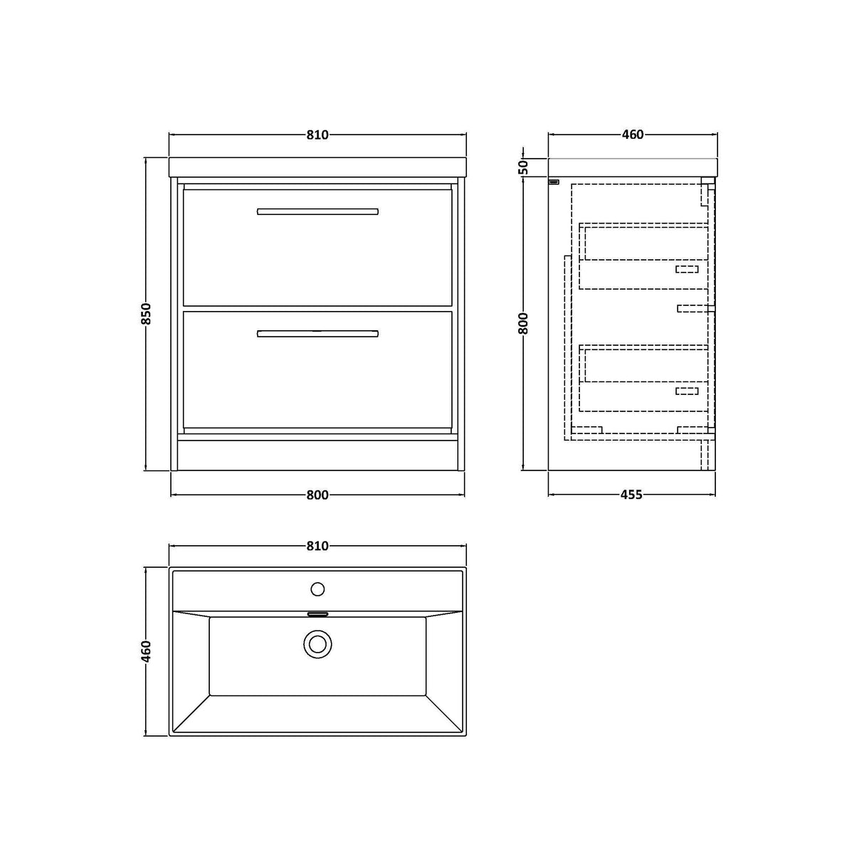 [BFIF2235E] Longnor 2 Drawer Floor Standing Vanity Unit with Thin Edge Basin - Choice of Size and Colour - Technical Drawing
