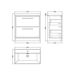 [BFIF2235E] Longnor 2 Drawer Floor Standing Vanity Unit with Thin Edge Basin - Choice of Size and Colour - Technical Drawing