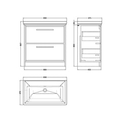 [BFIF2235H] Longnor 2 Drawer Floor Standing Vanity Unit with No Tap Hole Traditional Fireclay Basin - Choice of Size and Colour - Technical Drawing