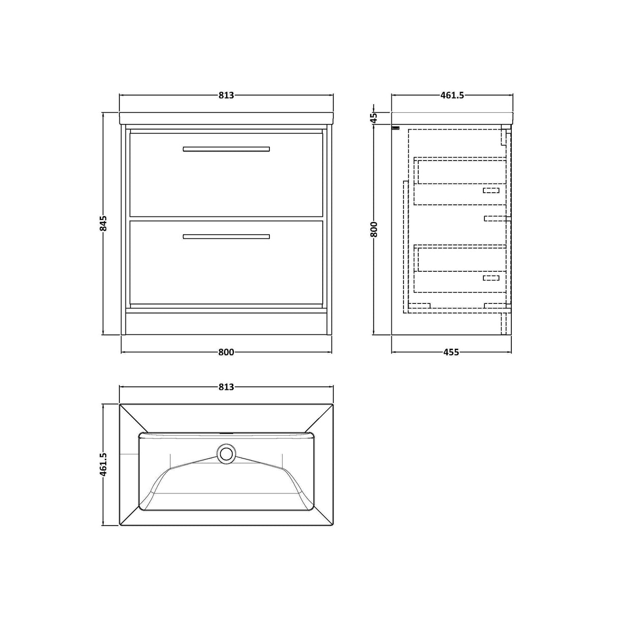 [BFIF2235K] Longnor 2 Drawer Floor Standing Vanity Unit with No Tap Hole Modern Fireclay Basin - Choice of Size and Colour - Technical Drawing