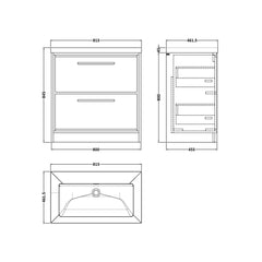 [BFIF2235K] Longnor 2 Drawer Floor Standing Vanity Unit with No Tap Hole Modern Fireclay Basin - Choice of Size and Colour - Technical Drawing