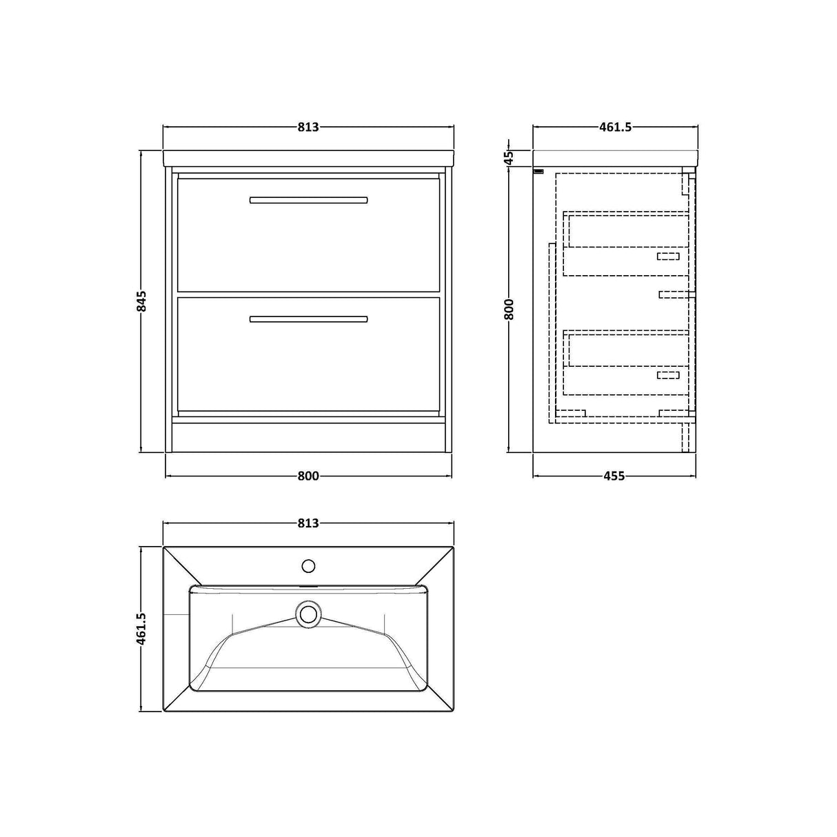 [BFIF2235L] Longnor 2 Drawer Floor Standing Vanity Unit with Modern Fireclay Basin - Choice of Size and Colour - Technical Drawing